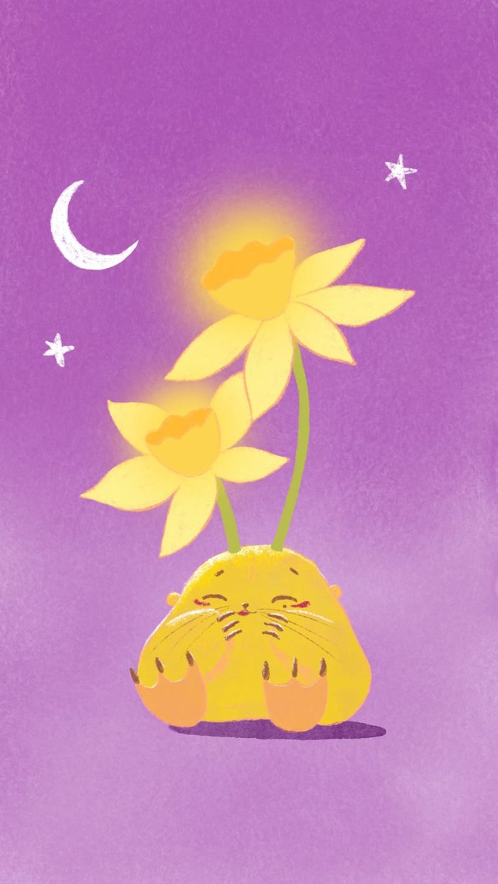 Humulus smiling with two glowing daffodils sprouting from his head under a crescent moon