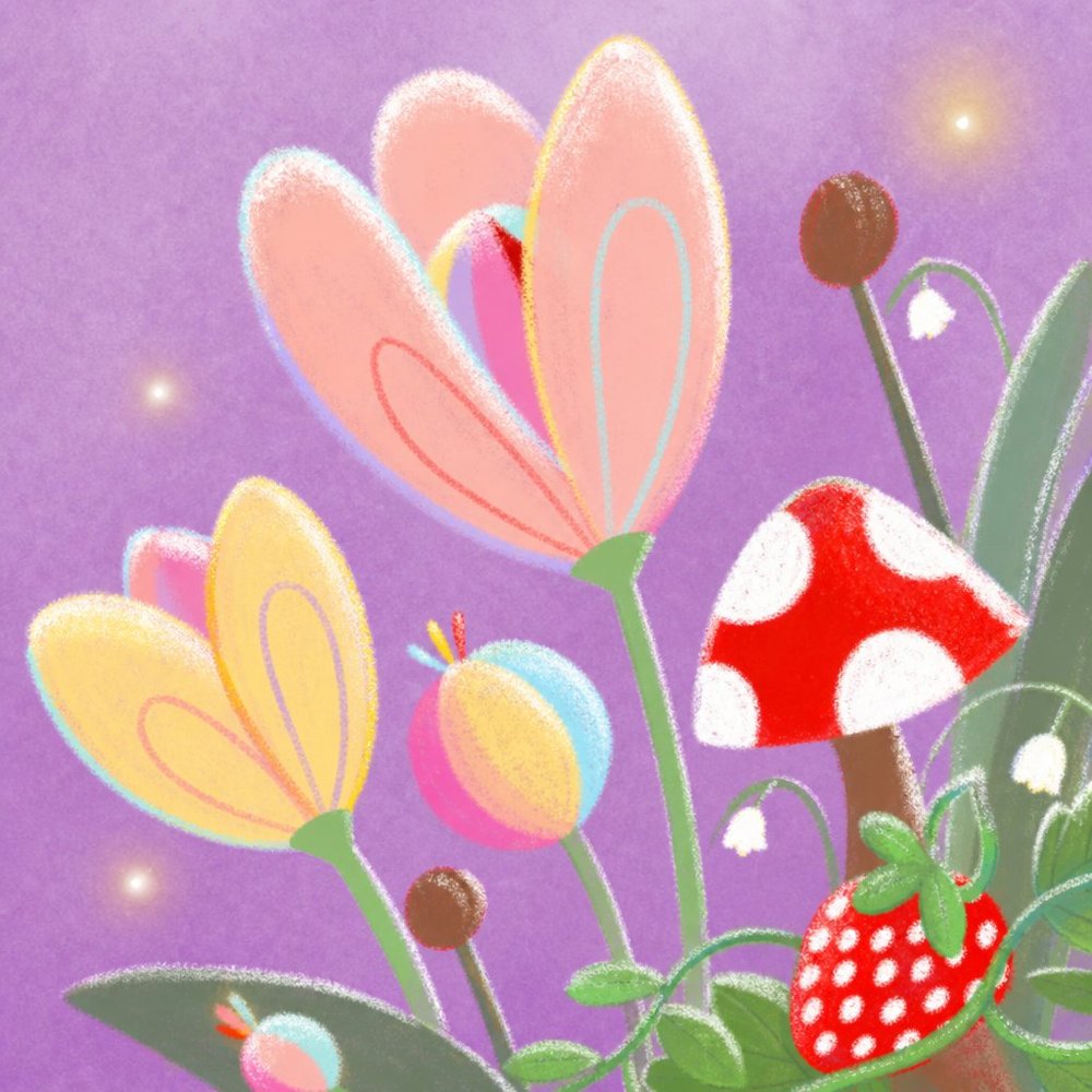 Pastel tulips, a toadstool and a strawberry under a violet sky