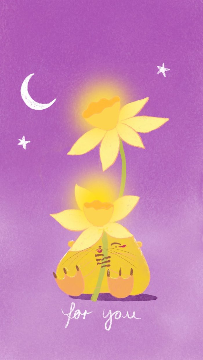 Humulus holding up two glowing daffodils, with the words for you written below
