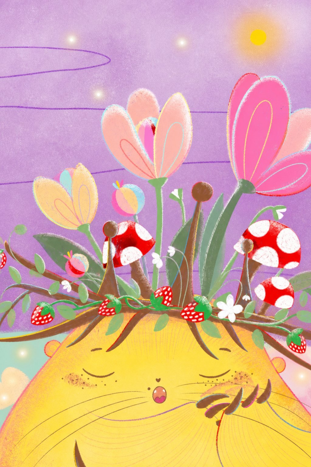 Humulus sleeping, with tulips, toadstools and strawberries growing from his head