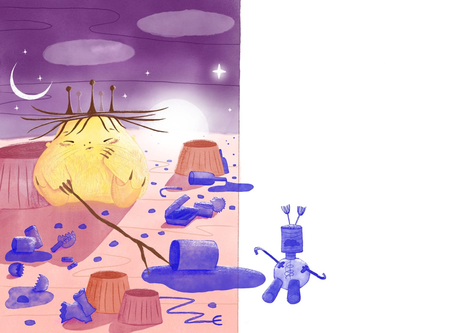 An open book spread: Humulus sits alone among litter and tree stumps under the moon, while a little tin-can robot waits on the next page